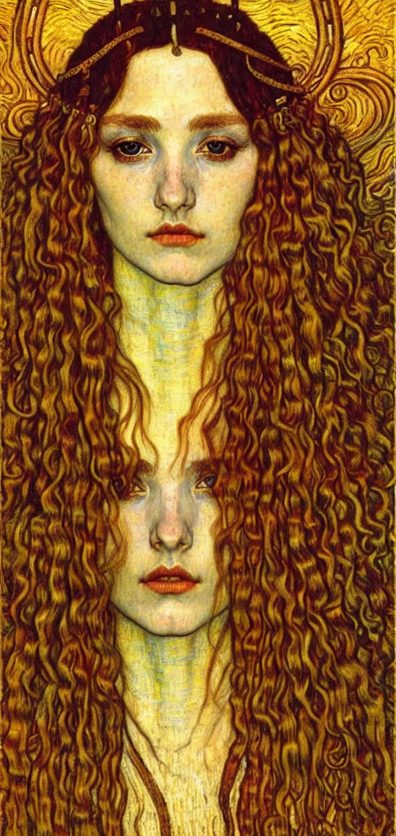 Image similar to detailed realistic beautiful young medieval queen face portrait by jean delville, gustav klimt and vincent van gogh, art nouveau, symbolist, visionary, gothic, pre - raphaelite, muted earthy colors, desaturated