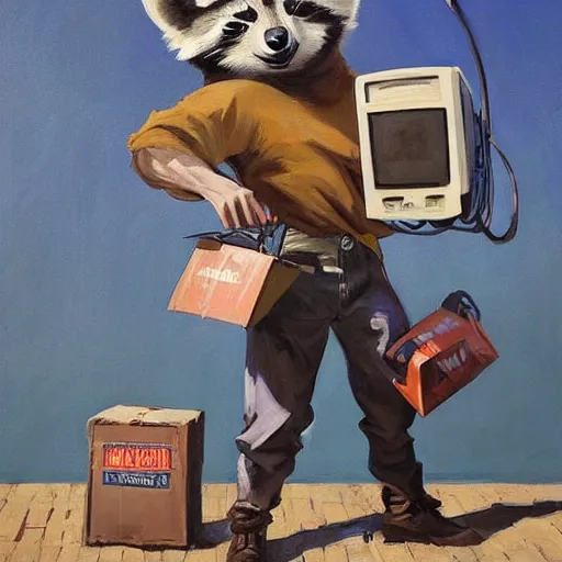 Image similar to greg manchess painting of a trash panda character, wearing an acdc t - shirt, holding a box of cables and standing next to old electronic equiptment, medium shot, asymmetrical, profile picture, organic painting, sunny day, matte painting, bold shapes, hard edges, street art, trending on artstation, by huang guangjian and gil elvgren and sachin teng