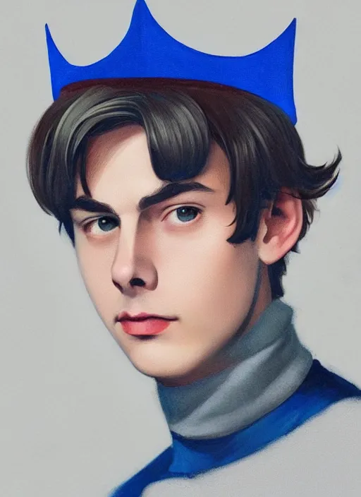 Image similar to portrait of teenage jughead jones wearing a light grey crown, crown, blue turtleneck, 1 9 5 0 s, closed eyes, photorealistic, black hair, glowing lighting, intricate, elegant, glowing lights, highly detailed, digital painting, artstation, concept art, smooth, sharp focus, illustration, art by wlop, mars ravelo and greg rutkowski