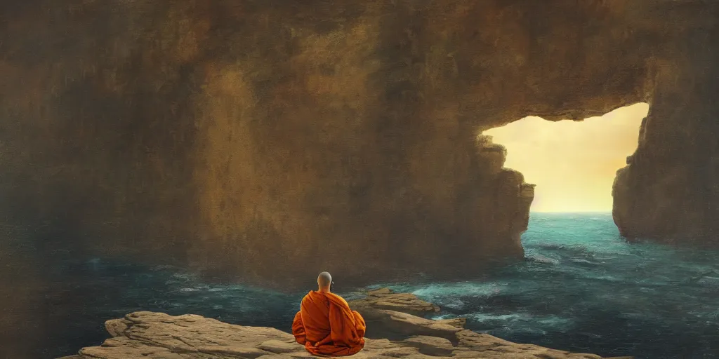 Image similar to A cliff with a narrow ledge looks out onto a vast ocean a monk sits on the ledge in the lotus position, cinematic lighting, detailed oil painting, hyperrealistic, 8k