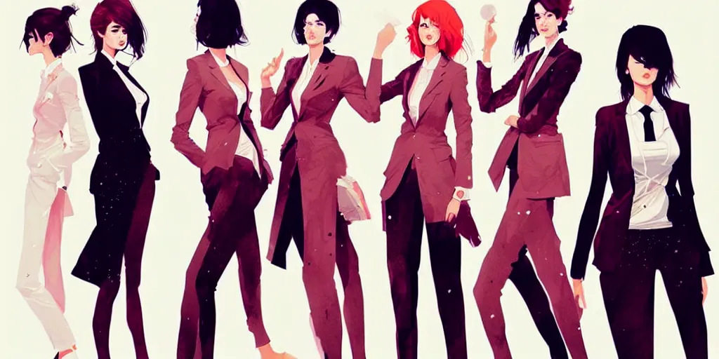 Prompt: a ultradetailed painting of multiple women in suits, by conrad roset, greg rutkowski and makoto shinkai trending on artstation