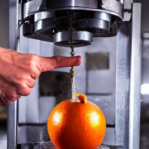 Prompt: The annoying orange being crushed by a hydraulic press, 4K
