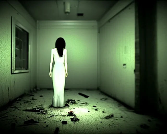 Image similar to creepy mangled woman wearing white dress standing in the backrooms, playable trailer, psychological horror, the eerie forlorn atmosphere of a place that's usually bustling with people but is now abandoned and quiet, buzzing fluorescent lights above the ceiling, unsettling images, liminal space, dark, created by hideo kojima