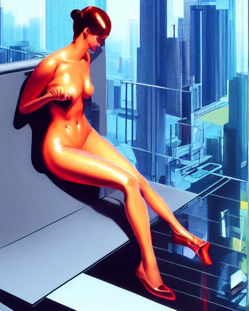 Prompt: a picture of a woman sitting on a ledge, cyberpunk art by allen jones and by james rosenquist and by noriyoshi ohrai, cgsociety, figurative art, airbrush art, made of liquid metal, synthwave