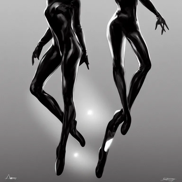 Image similar to dancer one is wearing a tight black suit with reflections by artgerm, retrofuturism, trending on artstation