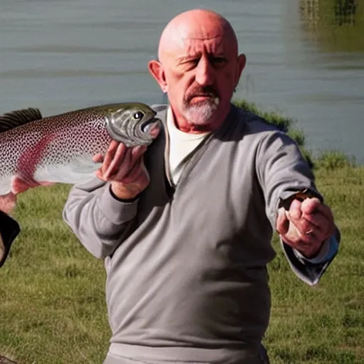 Prompt: mike ehrmantraut fighting another mike ehrmantraut holding a big trout fish big heads from breaking bad and better call saul