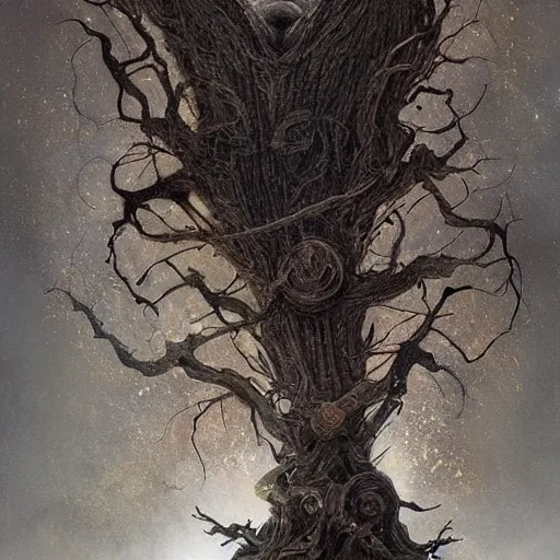 Image similar to by yoann lossel, by valerio olgiati outrun offhand, ominous. a performance art of a large, looming creature with a long, snake body. many large, sharp teeth, & eyes glow. wrapped around a large tree, bent under the weight. small figure in foreground, a sword, dwarfed by the size of the creature.