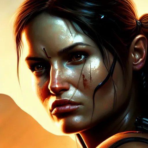 Image similar to Portrait Lara Croft, Tomb Raider, Alicia Vikander, 4k oil on linen by wlop, artgerm, andrei riabovitchev, nuri iyem, james gurney, james jean, greg rutkowski, highly detailed, soft lighting 8k resolution