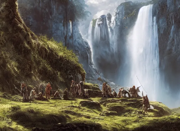 Image similar to medieval adventurers in the shire scenery landscape, lord of the rings, enormous waterfall ruins, rule of thirds, highly detailed, perfect lighting, perfect composition, 4 k, artgerm, derek zabrocki, greg rutkowski