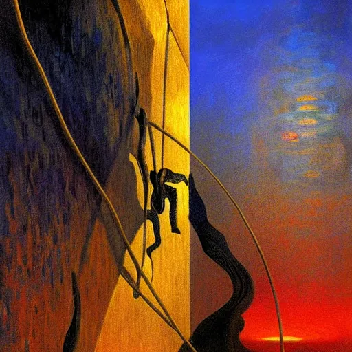 Prompt: A climber that codes A.I. - award-winning digital artwork by Dali and Monet. Stunning lighting