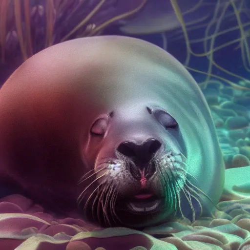 Image similar to A seal sleeping peacefully in a kelp forest, Prince in pastel, cinematic, hyper realistic, detailed, 8k, octane render.