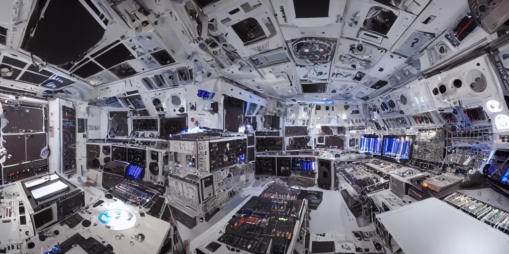 Image similar to giant speaker system music recording studio in the interior of an international space station. filled with electronic dj equipment, modular synthesizer with cables everywhere. hologram antimatter projection system. photorealistic 35mm 4k cgsociety