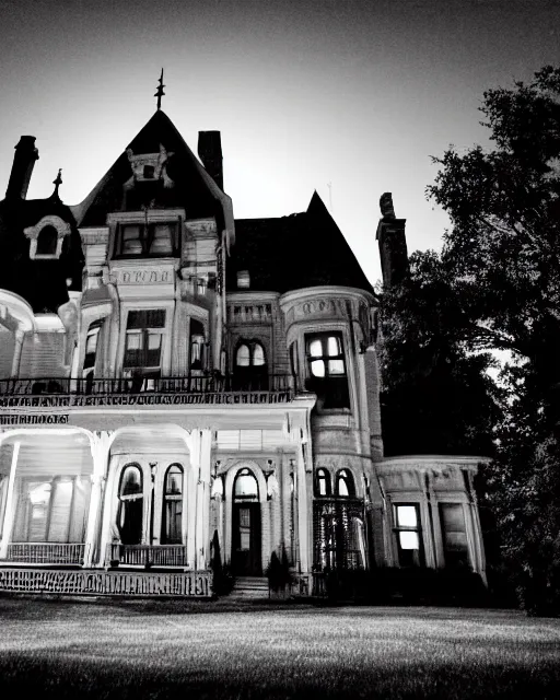 Prompt: a wide angle low photo of a ghostly victorian mansion at night