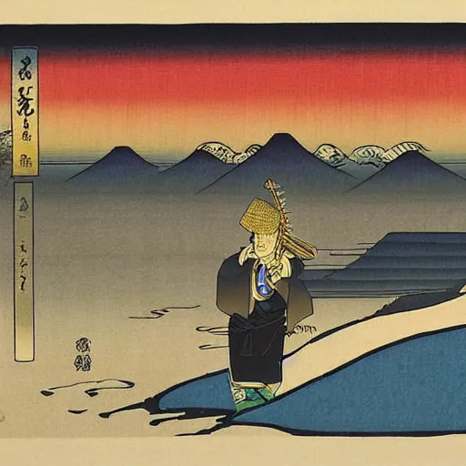 Image similar to Donald Trump in a samurai costume by Hiroshige