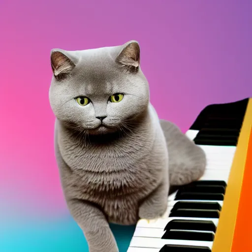 Prompt: portrait of british shorthair cat sitting on piano keys with colorful musical notes in background