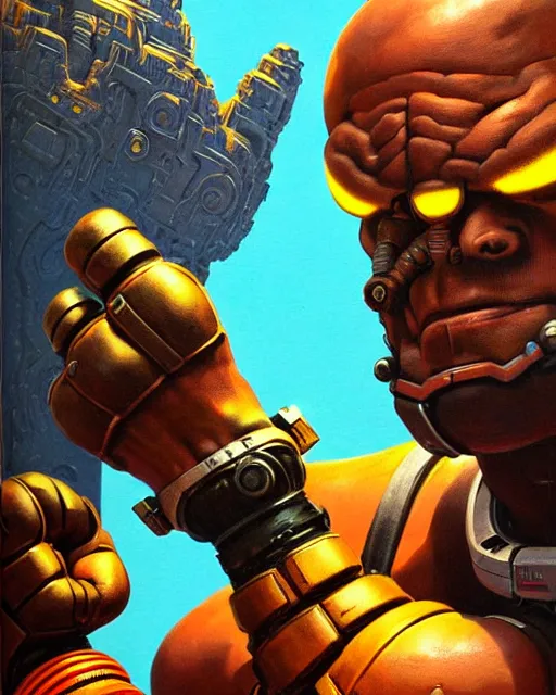 Image similar to doomfist from overwatch, character portrait, portrait, close up, concept art, intricate details, highly detailed, vintage sci - fi poster, retro future, vintage sci - fi art, in the style of chris foss, rodger dean, moebius, michael whelan, and gustave dore