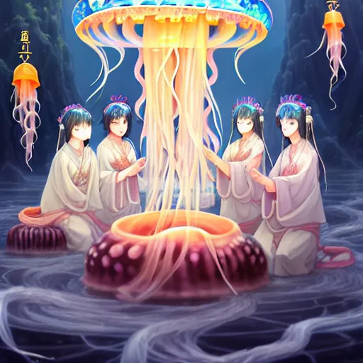 Prompt: A painting of priestesses worshipping at the jellyfish temple, shrouded in mist, jellyfish god, jellyfish priestess, jellyfish shrine maiden, 8K, illustration, art by WLOP and rossdraws and Logan Cure and Mingchen Shen and BangkuART and sakimichan and yan gisuka and JeonSeok Lee and zeronis and Chengwei Pan, smoke, undersea temple with fish, cinematic, insanely detailed and intricate, hypermaximalist, elegant, super detailed, award-winning, fuschia and vermillion and cyan, rainbow accents, mysterious, ancient, ritual, trending in cgsociety, artstation HQ, ornate, elite, haunting, matte painting, beautiful detailed, insanely intricate details, dreamy and ethereal, otherworldly