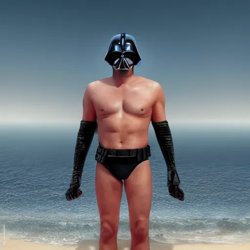 Image similar to Darth Vader wearing a Speedo at the beach, ultra realistic, concept art, intricate details, eerie, highly detailed, photorealistic, octane render, 8k, unreal engine. art by Artgerm and Greg Rutkowski