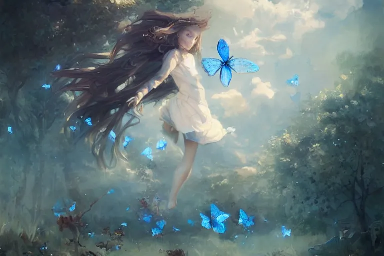 Prompt: a beautiful painting of wonderland, blue butterflies flying, girl, by greg rutkowski, trending on artstation