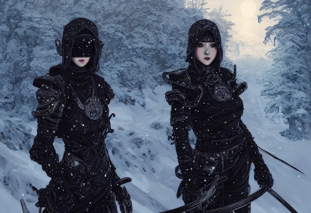 Image similar to portrait ninja gaiden girl, armored black reflective vests ninja wardrobe, at snowy fuji mountain fallen night, ssci - fi and fantasy, intricate and beautiful and detailed, digital painting, artstation, concept art, smooth and sharp focus, illustration, art by tian zi and wlop and alphonse mucha