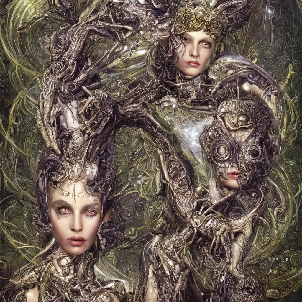 Image similar to alluring beautiful alien queen with sparkling eyes, art nouveau declotage, perfect symmetrical facial features, and hyperrrealistic anatomy by olivia de bernardinis, travis charest, chris achilleos and rodney matthews, extremely hyperdetailed, mixed media painting, unreal engine, 8 k, octane, 8 mm,