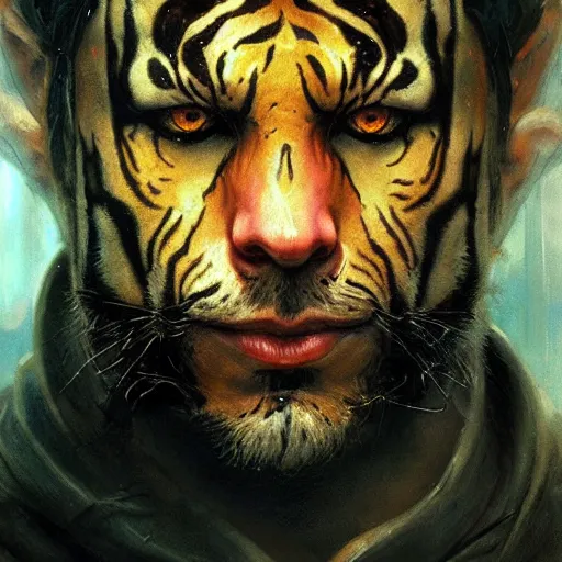 Prompt: man with the face of a Tiger blind at one eye in blade runner, bleeding, D&D, fantasy, intricate, elegant, highly detailed, digital painting, artstation, concept art, smooth, sharp focus, illustration, art by artgerm and greg rutkowski and alphonse mucha