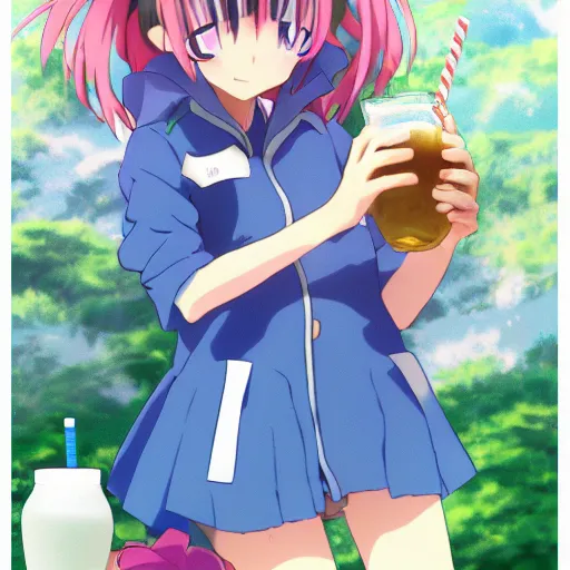 Image similar to kanna frommiss kobayashi's dragon maid drinking a carton of milk with a straw, anime epic artwork, kyoto animation, key visual