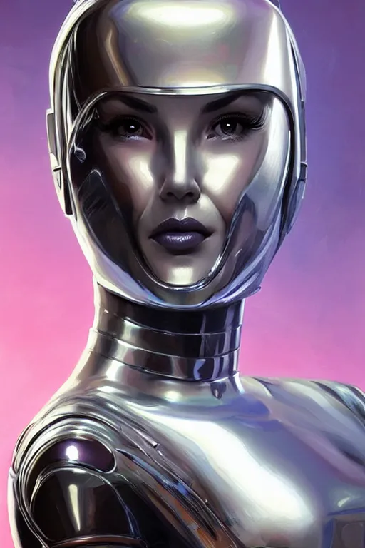 Image similar to retro-futuristic female android in chrome armour, facial portrait, rim light, ornate pattern, painting by vincent di fate, artgerm julie bell beeple, Smooth gradients, High contrast, depth of field, very coherent symmetrical artwork