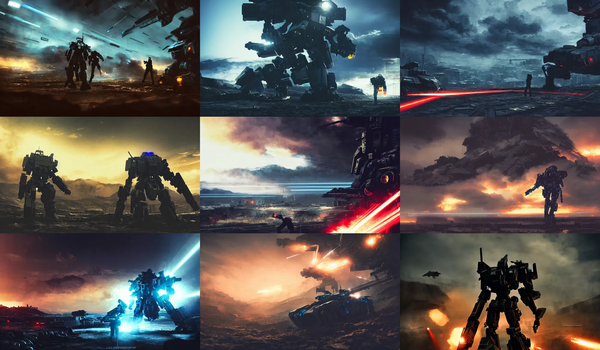 Prompt: an armored core v by liam wong, booster flares, legs, laser rifles, karst landscape, outdoor, dark blue sky, cloud, wilderness ground, golden time, twilight ; close up, view from behind, digital painting, photoreal, cinematic contrast, dynamic backlighting, sharp edge, motion blur