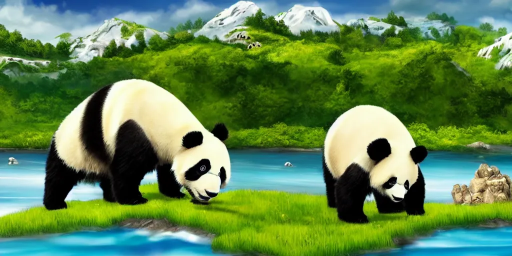 Image similar to a sweet panda in the foreground, a green lifeful landscape with mountains seas and big trees, hyperrealistic, highly detailed, 4k, blue sky with clouds and the sun