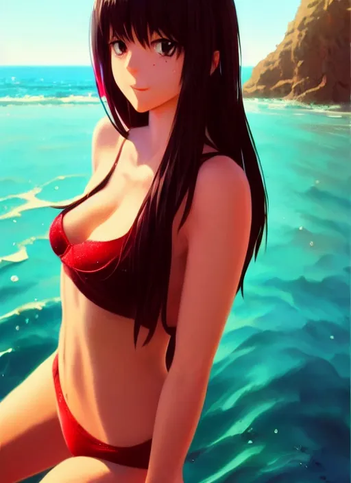 Image similar to full body picture of a girl drinking a coke, highly detailed face, very thirsty, dripping on the body, sharp focus, shiny day beach, extremely beautiful and cute and aesthetic face and body, specular reflection, occlusion shadow, trending on artstation, epic light novel cover art, art by ilya kuvshinov and sakimichan and jeremy lipking