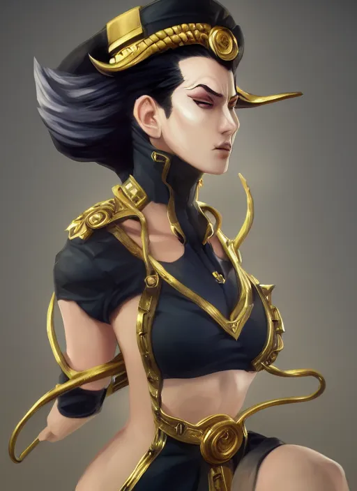 Image similar to a highly detailed illustration of beautiful girl cosplaying jotaro kujo, hyperdetailed perfect face, dramatic pose, intricate, elegant, highly detailed, centered, digital painting, artstation, concept art, smooth, sharp focus, league of legends concept art, wlop.