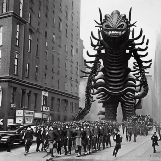 Image similar to old black and white photo, 1 9 1 3, depicting a giant biomechanical alien monster kaiju robot fighting the army through the bustling streets of new york city, historical record