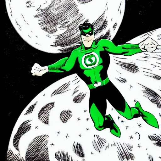 Prompt: comic Green Lantern in black and white uniform in space flying infront of the moon,