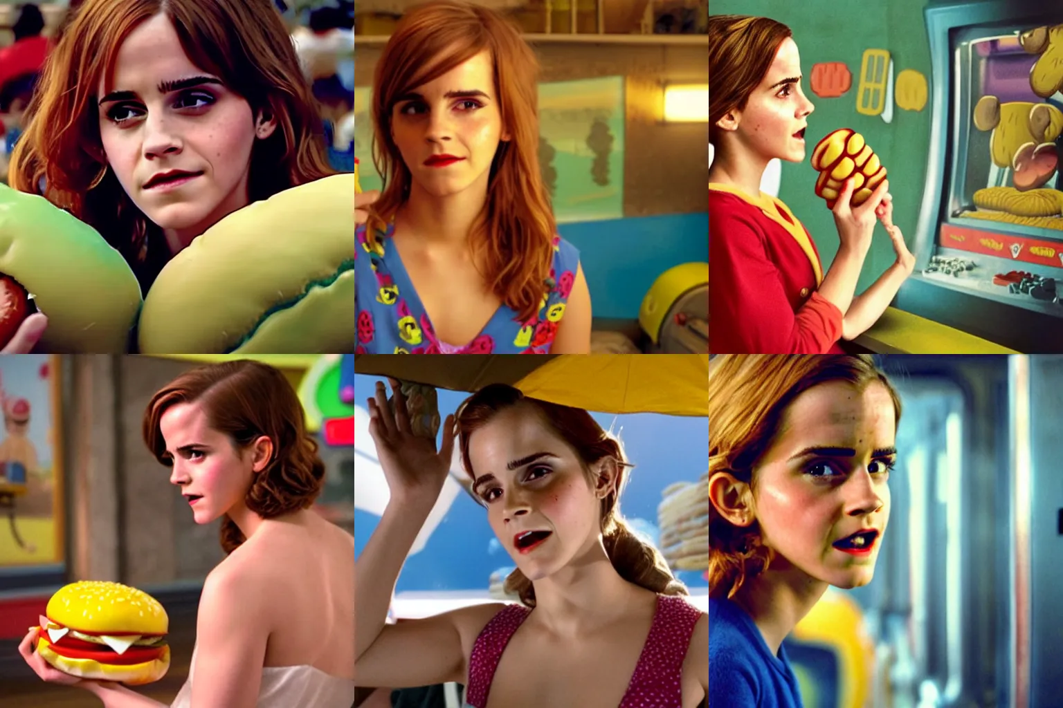 Prompt: Color movie still of Emma Watson in 'Hot Dog monster vs Hamburger monster' by Greg Hildebrandt