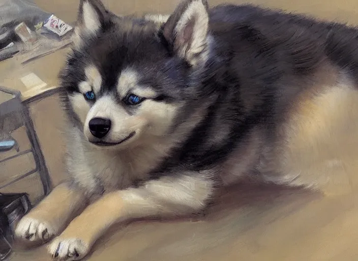 Image similar to a highly detailed beautiful portrait, extremely detailed illustration of a pomsky dog sad and crying while he is looking at the market crash, by gregory manchess, james gurney, james jean