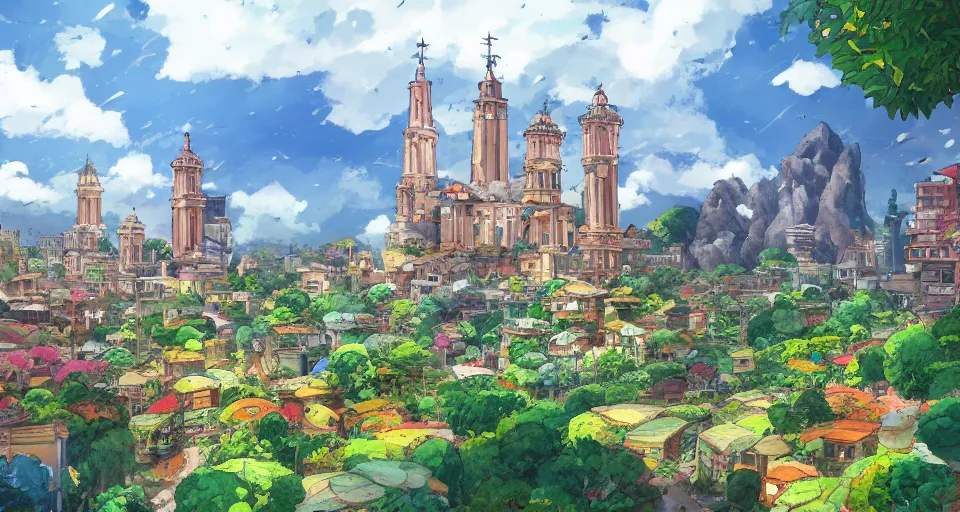 Image similar to City of Armenia Quindio, Artwork by Studio Ghibli, official media, concept art, 8k, pixiv, high definition, wallpaper, hd, digital artwork