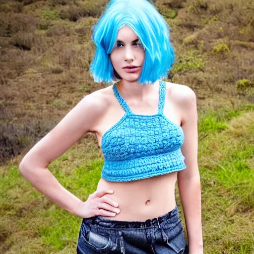 Image similar to A photo of a caucasian female model with blue hair wearing a crocheted croptop