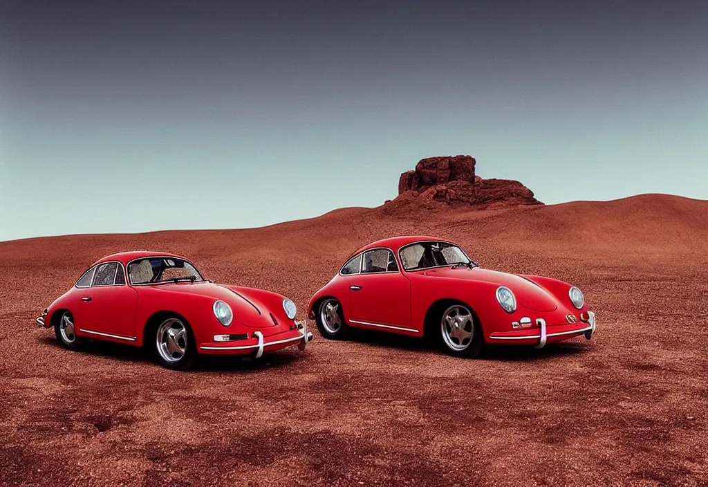 Image similar to “a red porsche 356 is parked in the middle of the desert, a matte painting by Scarlett Hooft Graafland, featured on unsplash, australian tonalism, anamorphic lens flare, cinematic lighting, rendered in unreal engine”