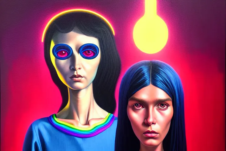 Prompt: patron saint of 🛸🌈👩🏾, futuristic clothing, neon god of city character portrait, in the style of margaret keane, moebius, tom bagshaw, and waterhouse, cinematic lighting, beautiful, elegant, oil painting,