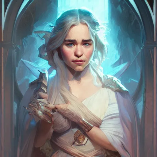 Image similar to Emilia Clarke, D&D, fantasy, intricate, cinematic lighting, highly detailed, digital painting, artstation, concept art, smooth, sharp focus, illustration, art by Artgerm and Greg Rutkowski and Alphonse Mucha