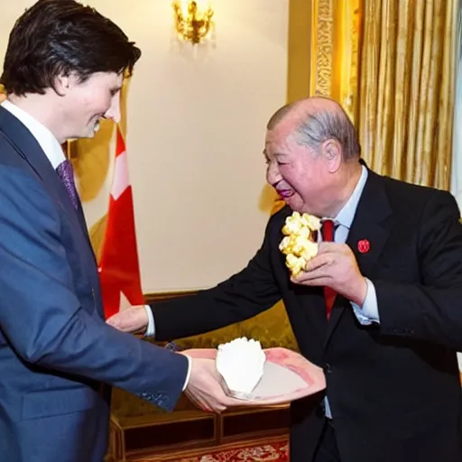 Prompt: photo of the Queen of England body slamming Xi Jinping while Justin Trudeau eats popcorn,