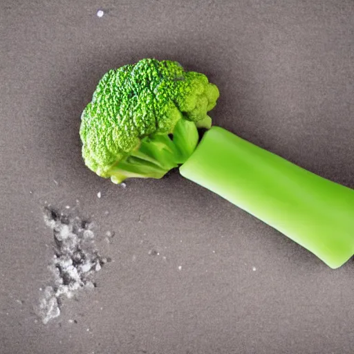 Prompt: a photograph of a levitating ice cream cone filled with broccoli