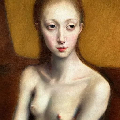 Image similar to skinny female artists standing in the style of realism, renaissance oil painting, tonalism, rococo, manga