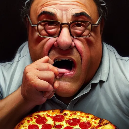 Image similar to portrait of danny devito eating pizza, highly detailed, digital painting, artstation, concept art, sharp focus, illustration, art by artgerm and greg rutkowski and alphonse mucha