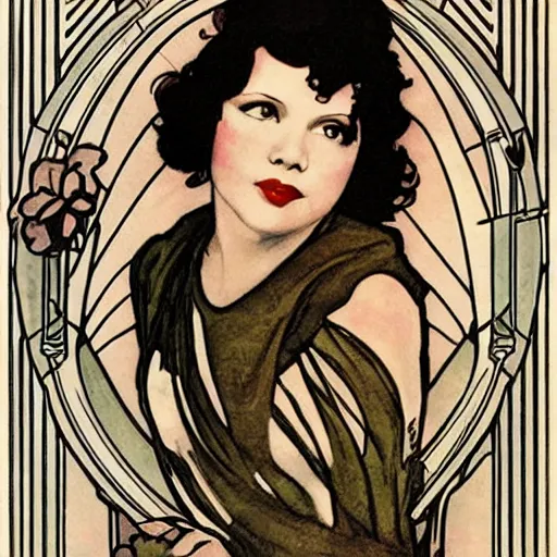 Image similar to clara bow, mucha style, art nouveau, art deco,