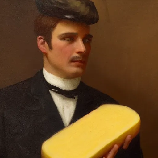 Image similar to victorian oil painting of a man with a piece of cheese for a head, 4 k, high octane