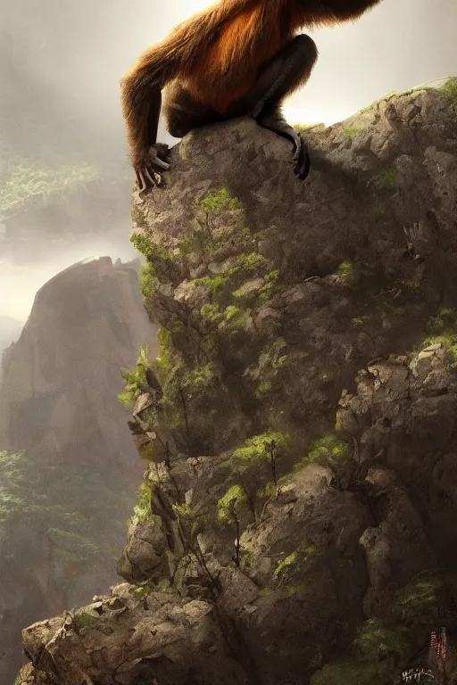 Image similar to a monkey standing at the top of a cliff throwing a bone in the air , dramatic lighting, cinematic, establishing shot, extremly high detail, photorealistic, cinematic lighting, artstation, style by James Gurney