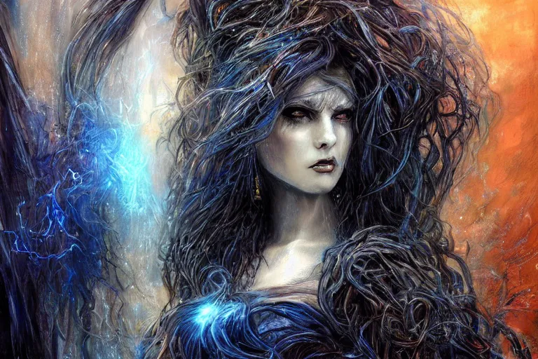 Image similar to masterpiece goddess of sorrow portrait, 3 0 years woman, melancholic face, long hair, digital painting by louis royo and julie bell, dark tenebrous blue background, antic temple background, cinematic light, aura effect, some chaotic sparkles, wind, unreal engine, artstation, deviantart, pinterest