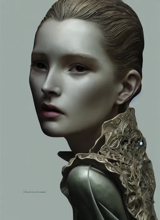 Image similar to sculpture made of wood, portrait, female, future, harper's bazaar, vogue, magazine, intricate, cinematic lighting, concept art, close up, ornate, luxury, elite, elegant, trending on artstation, by ruan jia, by Kenneth Willardt, by ross tran, by WLOP, by Andrei Riabovitchev,